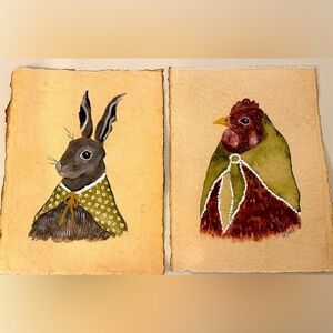 Handpainted Rabbit & Hen Pair - 9x12